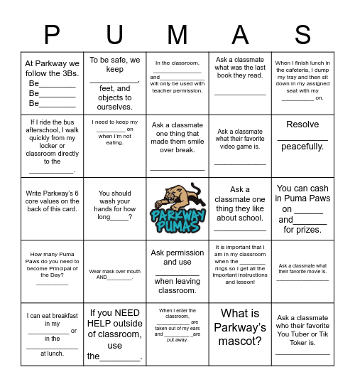 Parkway Puma BINGO Card