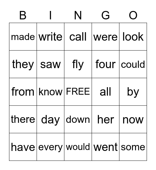 Turkey Sight Word Bingo Card