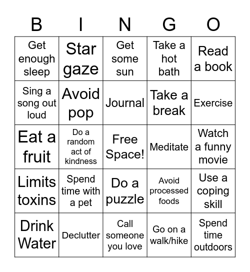 Mental Wellness BINGO Card