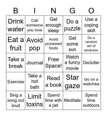 Mental Wellness Bingo Card