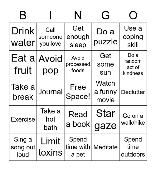 Mental Wellness Bingo Card