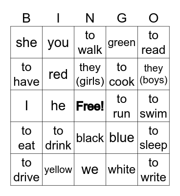 Spanish Vocabulary: Verbs, Colors, Pronouns Bingo Card