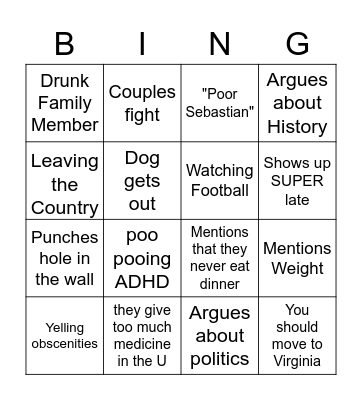 Dysfunctional Family Bingo Card