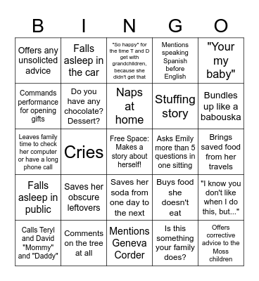 Family Time Bingo Card