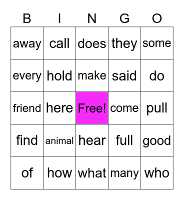 Grade 1 HF Lessons 1-6 Bingo Card