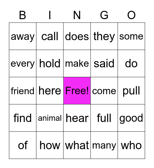 Grade 1 HF Lessons 1-6 Bingo Card