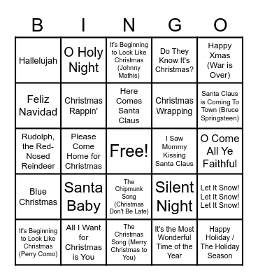 Holiday Music Trivia Bingo Card