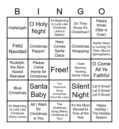 Holiday Music Trivia Bingo Card