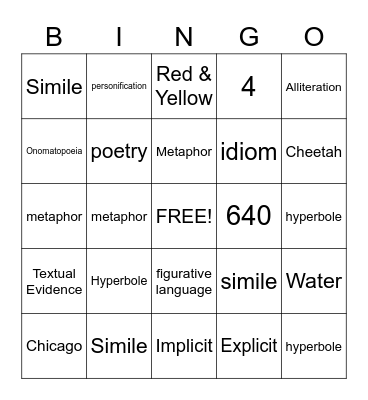 Figurative Language Bingo Card