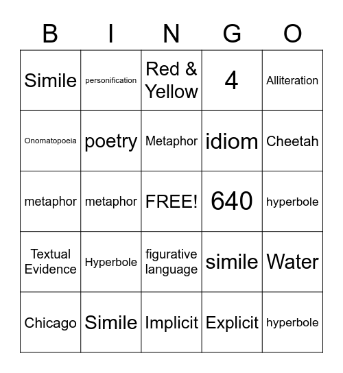 Figurative Language Bingo Card