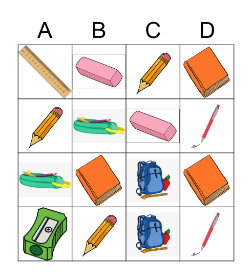 School Items Bingo Card