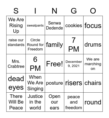 8th grade Concert SINGO Bingo Card