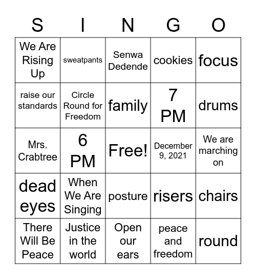 8th grade Concert SINGO Bingo Card