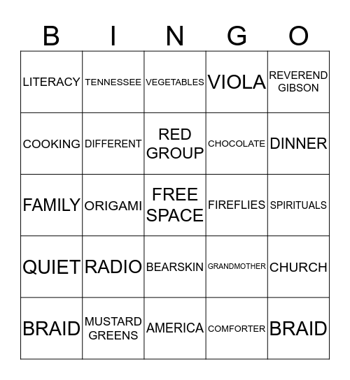 TWO MRS. GIBSONS Bingo Card