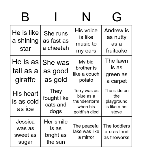 Simile and metaphor bingo! Bingo Card