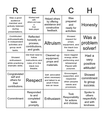 Drama Reach Slip Bingo Card