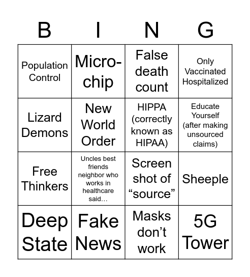 Covid Conspiracy 2021 Bingo Card