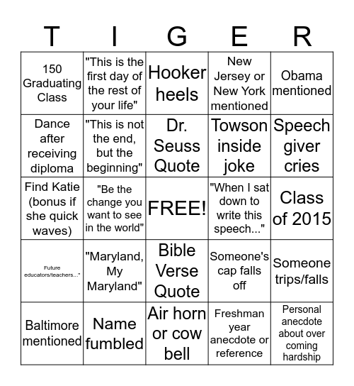 Towson Graduation Bingo Card