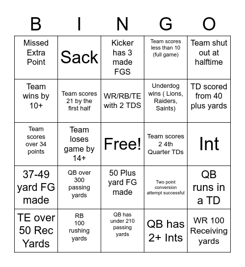 Thanksgiving Football Bingo Card