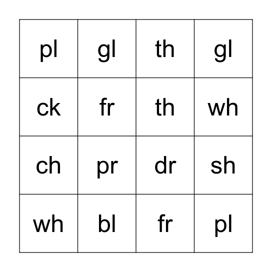 Digraphs and Blends Bingo Card