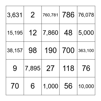 Number Bingo Card