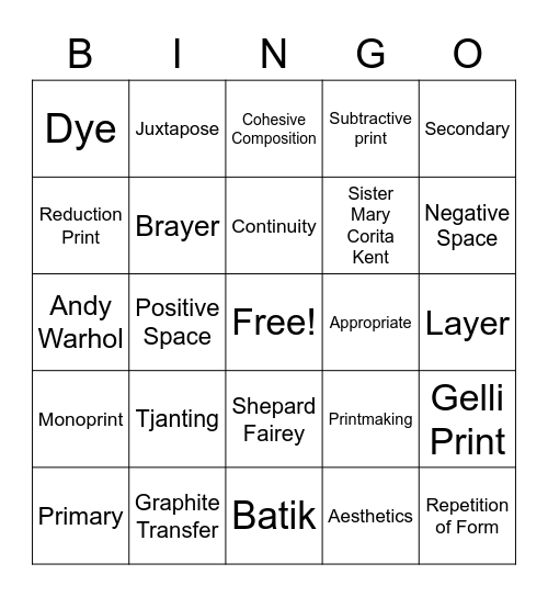 Printmaking &Mixed Media Bingo Card