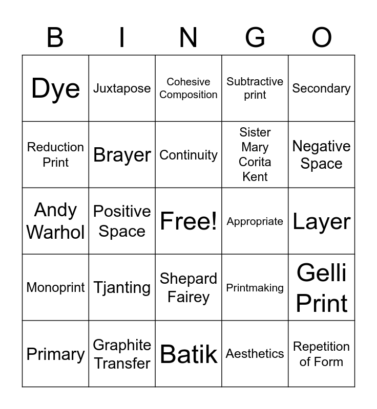 Printmaking &Mixed Media Bingo Card