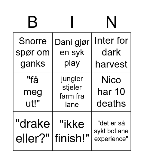 Late night Int Bingo Card