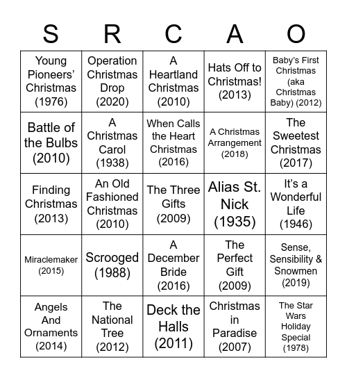 CHRISTMAS MOVIES SRCA Bingo Card