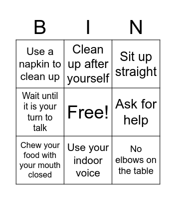 Manners Bingo Card