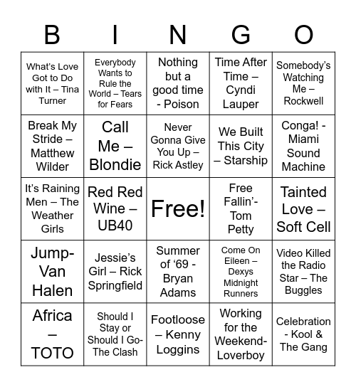 Lundquist 80's Bingo Card