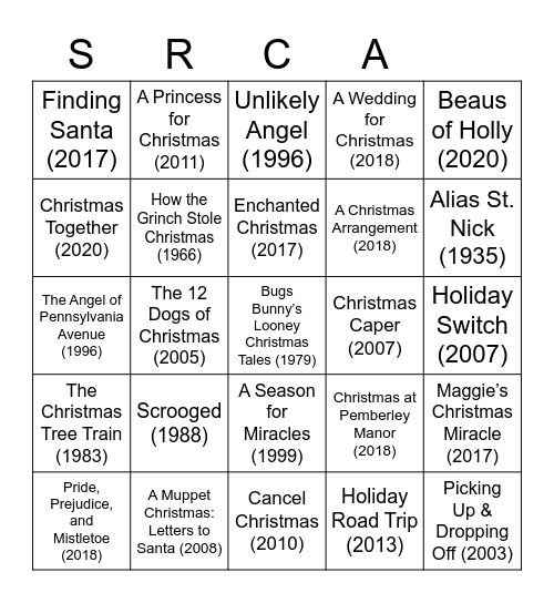 CHRISTMAS MOVIES SRCA Bingo Card