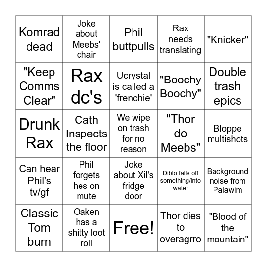 AFK Raid Bingo Card