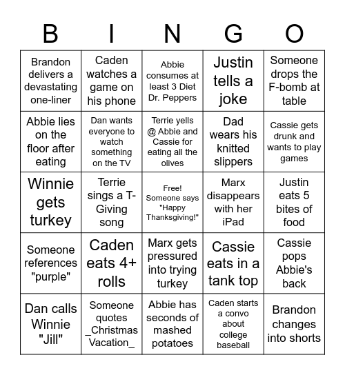 Mitchell Thanksgiving Bingo Card