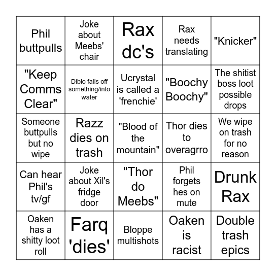 AFK Raid Bingo Card