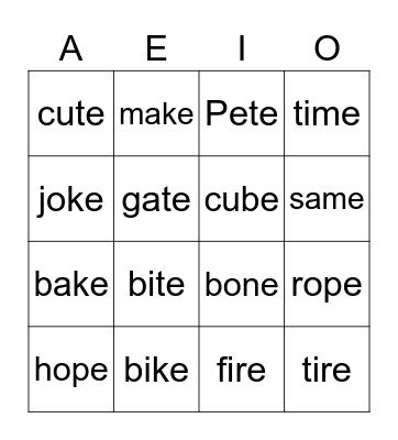 Long Vowel Bingo Card