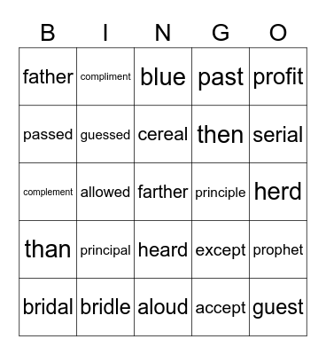 Homophone BINGO Card