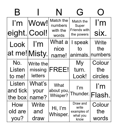 SUPER MINDS 1 - FRIENDS Bingo Card