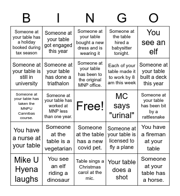MNP Christmas Party 2021 Bingo Card