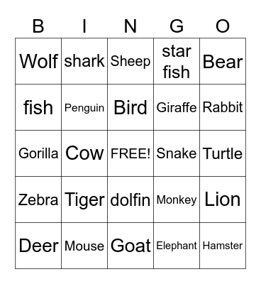 Animals Bingo Card