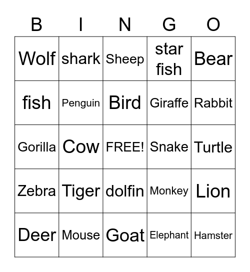 Animals Bingo Card