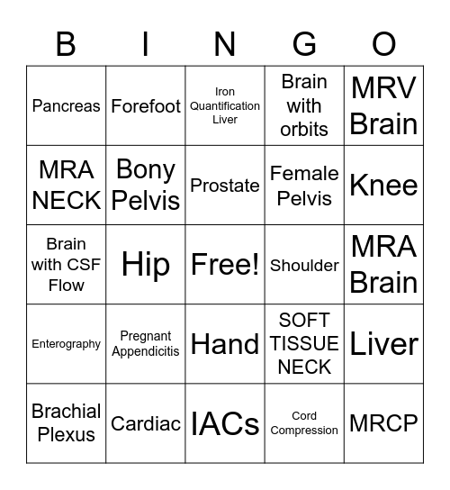 MRI Bingo Card