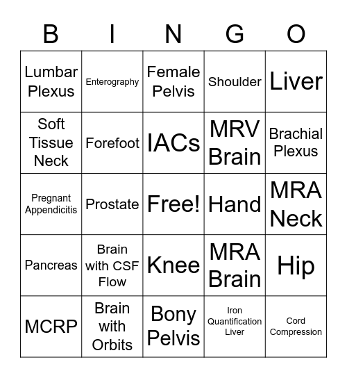 MRI Bingo Card