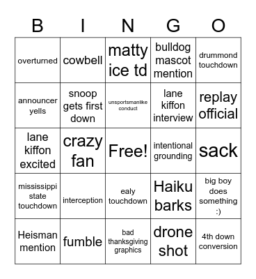 Egg bowl Bingo Card