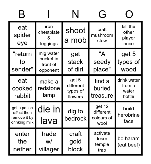 Minecraft lockout Bingo Card