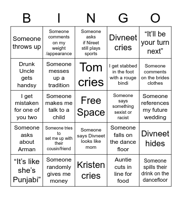G/K Wedding Bingo Card