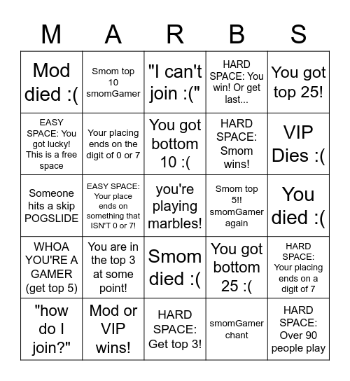 smom marble time! (Harder) Bingo Card