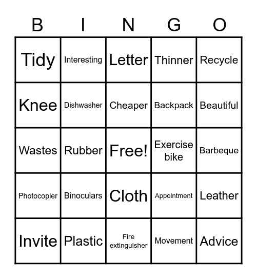 Vocabulary Bingo Card