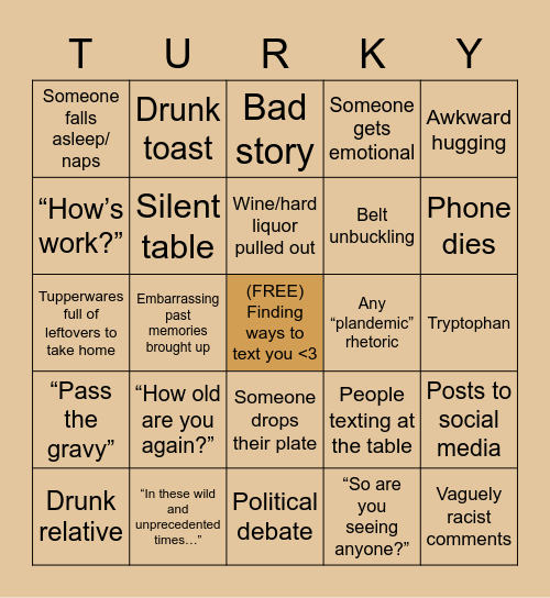 Thanksgiving Survival BINGO Card