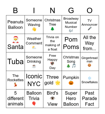 Macy's Thanksgiving Day Parade Bingo Card